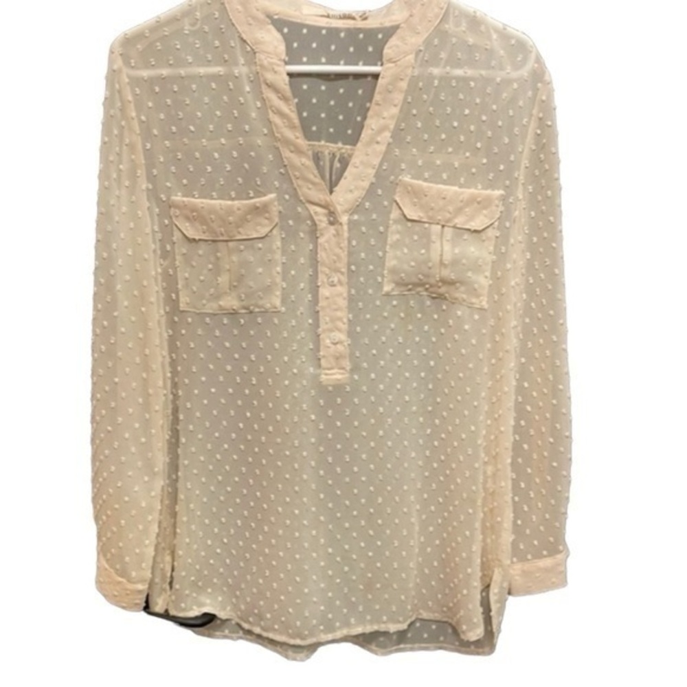 ELLISON Cream Sheer French Dot Longsleeve Pullover Button Top‎ Size Medium
